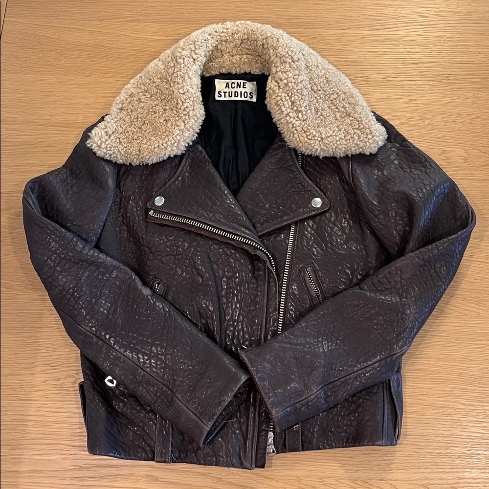 Acne Brown Leather Jacket with Cream Collar - Picture 2 of 8